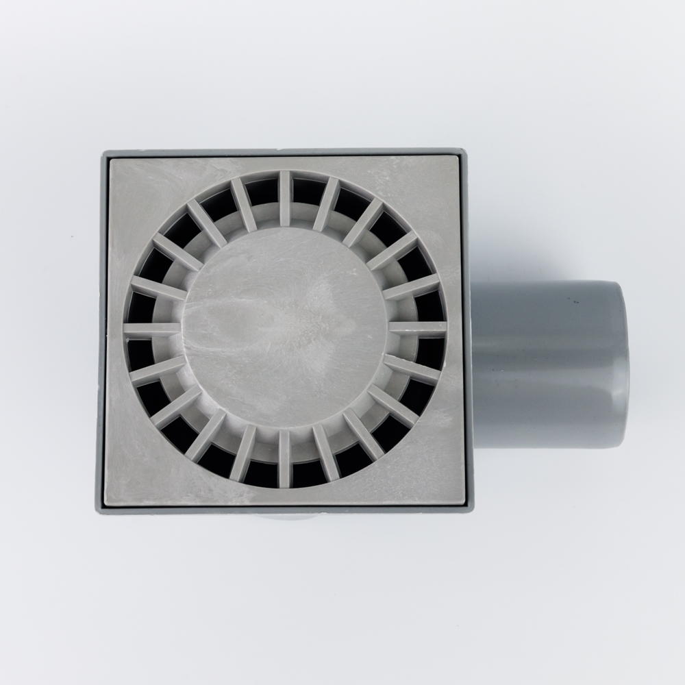 Точковий душовий трап TH-100-50.02 з пластиковими решіткою розміром 100х100 мм, з горизонтальним випуском DN50 та гідрозатвором